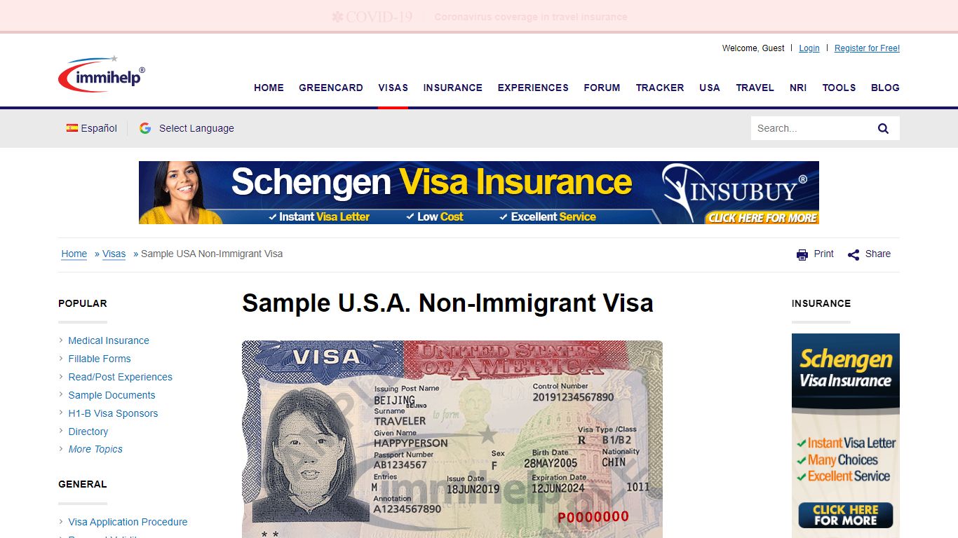 Sample U.S.A. Non-Immigrant Visa - Immihelp